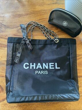 CHANEL Black Canvas & Chain-Handle Tote with Makeup Bag